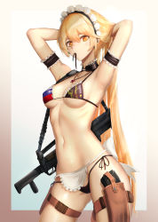 Rule 34 | 1girl, apron, arm garter, armpits, arms behind head, arms up, assault rifle, bikini, black ribbon, blonde hair, border, breasts, bullpup, chaciooh, cowboy shot, frilled apron, frilled bikini, frills, girls&#039; frontline, gluteal fold, gradient background, gun, highres, jewelry, long hair, maid headdress, mouth hold, multicolored bikini, multicolored clothes, navel, necklace, orange eyes, ots-14 (girls&#039; frontline), ots-14 groza, outside border, pink border, ribbon, rifle, side-tie bikini bottom, small breasts, solo, star (symbol), star necklace, stomach, suppressor, swimsuit, thigh strap, tying hair, underboob, very long hair, waist apron, weapon, white apron, white background