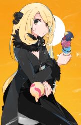 Rule 34 | 1girl, black dress, black eyes, black pants, black ribbon, blonde hair, breasts, cleavage, closed mouth, commentary, cowboy shot, creatures (company), cynthia (pokemon), dress, eyes visible through hair, feather-trimmed sleeves, feather trim, food, game freak, hair ribbon, highres, holding, holding food, ice cream, ice cream cone, idkuroi, long hair, looking at viewer, medium breasts, nintendo, pants, parted bangs, pokemon, pokemon dppt, ribbon, simple background, solo, sweatdrop, triple scoop, yellow background