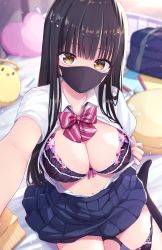 Rule 34 | 1girl, absurdres, bag, black bra, black hair, black mask, black panties, black socks, blue skirt, blurry, blurry background, bra, breasts, brown eyes, cleavage, clothes pull, collared shirt, frilled bra, frills, heart, heart-shaped pillow, highres, kneehighs, large breasts, long hair, looking at viewer, mask, mouth mask, navel, on bed, original, outstretched arm, panties, panties around leg, partially unbuttoned, pillow, pleated skirt, pulled by self, school bag, school uniform, selfie, shirt, shirt pull, sitting, skirt, socks, solo, unworn sweater, tenzeru, underwear, white shirt, yokozuwari