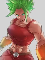 Rule 34 | 1girl, abs, belt buckle, breasts, buckle, crop top, dragon ball, dragon ball super, earrings, forehead, green eyes, green hair, grey background, jewelry, kale (dragon ball), kemachiku, large breasts, looking at viewer, midriff, muscular, muscular female, pants, potara earrings, red tank top, solo, spiked hair, super saiyan, tank top