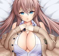 Rule 34 | 1girl, asamura hiori, azur lane, bed, beige cardigan, blue eyes, blush, breasts, cardigan, cleavage, collared shirt, hair between eyes, highres, impero (azur lane), impero (languid librarian) (azur lane), large breasts, long hair, looking at viewer, lying, no bra, official alternate costume, on back, on bed, open mouth, pink hair, shirt, sleeveless, sleeveless shirt, solo, sweater, upper body, very long hair, white shirt