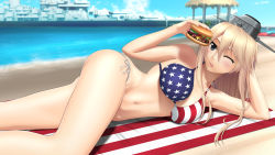 Rule 34 | 10s, 1girl, adapted costume, american flag bikini, american flag print, arm support, battleship, beach, bikini, blonde hair, breasts, burger, day, flag print, food, headgear, highres, historical name connection, iowa (kancolle), kantai collection, large breasts, long hair, lying, military, military vehicle, name connection, navel, object namesake, on side, one eye closed, print bikini, ship, side-tie bikini bottom, solo, swimsuit, tai (2vs), tongue, tongue out, warship, watercraft