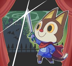 Rule 34 | 1boy, animal crossing, animal print, arm up, bare tree, bat (animal), blue shirt, cape, castle, cat boy, cat print, closed mouth, commentary request, curtains, fence, furry, furry male, glint, green sky, hand on own hip, highres, holding, holding sword, holding weapon, kopa nishikida, long sleeves, male focus, nintendo, red cape, rudy (animal crossing), shirt, silhouette, sky, smile, solo, standing, sword, tree, weapon, yellow eyes