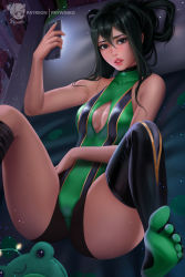 Rule 34 | 1girl, asui tsuyu, bare arms, bare shoulders, boku no hero academia, breasts, cellphone, cleavage cutout, clothing cutout, green leotard, hair between eyes, hair rings, highres, holding, holding phone, leotard, lips, looking at viewer, medium breasts, parted lips, phone, pillow, prywinko, smartphone, solo, thighhighs