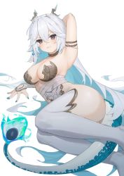 Rule 34 | 1girl, absurdres, arm up, blue hair, blue nails, breasts, brown eyes, cleavage, colored inner hair, commentary, dragon girl, dragon horns, dragon tail, english commentary, flame-tipped tail, grey hair, highres, horns, large breasts, leotard, long hair, looking at viewer, lying, multicolored hair, nail polish, navel, oiru (fattyoils), on side, tail, thighhighs, vei (vtuber), vei (vtuber) (sky empress), very long hair, virtual youtuber, vshojo, white leotard, white thighhighs