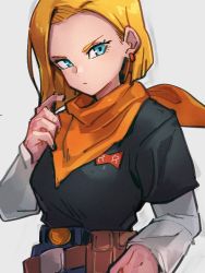 Rule 34 | 1girl, android 17, android 17 (cosplay), android 18, bandana, blonde hair, blue eyes, closed mouth, cosplay, dragon ball, dragonball z, earrings, grey background, jewelry, kemachiku, long hair, looking at viewer, orange bandana, red ribbon army, short hair, simple background, solo
