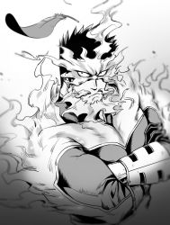 Rule 34 | 1boy, absurdres, beard, boku no hero academia, couple, crossed arms, facial hair, feathers, fiery hair, fire, greyscale, hawks (boku no hero academia), helen roro, highres, large pectorals, looking up, male focus, mature male, monochrome, multiple boys, muscular, muscular male, pectorals, short hair, sideburns, solo, spiked hair, stubble, endeavor (boku no hero academia), upper body
