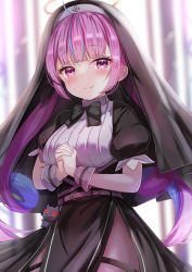 Rule 34 | 1girl, black bow, black bowtie, black dress, blue hair, blush, bow, bowtie, breasts, closed mouth, colored inner hair, commentary request, cowboy shot, dress, drill hair, habit, highres, hololive, large breasts, long hair, looking at viewer, minato aqua, multicolored hair, nun, own hands clasped, own hands together, pantyhose, pink hair, puffy short sleeves, puffy sleeves, purple eyes, short sleeves, smile, solo, standing, twin drills, twintails, veil, very long hair, virtual youtuber, wrist cuffs, yuano