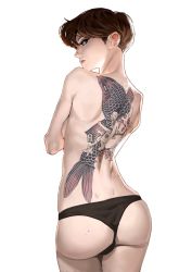 Rule 34 | 1girl, ass, back tattoo, black eyes, black panties, breasts, brown hair, commentary, cowboy shot, english commentary, eyelashes, fish tattoo, from behind, frown, hands up, heo sung-moo, highres, irezumi, lips, looking at viewer, looking back, mole, mole on nose, original, panties, profile, self hug, short hair, sideboob, simple background, skinny, solo, tattoo, topless, undercut, underwear, underwear only, white background
