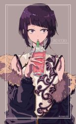 Rule 34 | 10s, 1girl, :o, bad id, bad twitter id, bare shoulders, blunt bangs, boku no hero academia, character name, china dress, chinese clothes, cup, dress, drink, drinking straw, earplugs, fur trim, grey background, half-closed eyes, highres, jacket, jirou kyouka, looking at viewer, off shoulder, open mouth, osanai, purple eyes, purple hair, short hair, simple background, sleeveless, sleeveless dress, solo, upper body