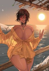 Rule 34 | 1girl, absurdres, ahoge, blush, breasts, brown eyes, brown hair, dark-skinned female, dark skin, floral print shirt, hair between eyes, hand up, highres, huge breasts, limbus company, looking at viewer, mole, mole on breast, off shoulder, on railing, one eye closed, orange shirt, outis (project moon), pendant choker, project moon, railing, rhlatm, see-through silhouette, shirt, short hair, smile, solo, sunset, thick thighs, thighs, water, yellow gemstone
