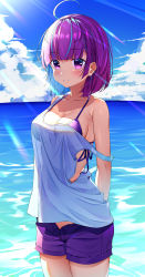 Rule 34 | 1girl, absurdres, ahoge, arms behind back, bad id, bad pixiv id, bare shoulders, bikini, bikini under clothes, blue hair, blue sky, blunt bangs, blush, breasts, cleavage, closed mouth, cloud, collarbone, colored inner hair, cowboy shot, cqingwei, day, halterneck, highres, hololive, horizon, light rays, looking at viewer, medium breasts, minato aqua, multicolored hair, ocean, open clothes, open fly, open shorts, outdoors, purple bikini, purple eyes, purple hair, purple shorts, see-through, short hair, short shorts, shorts, sky, smile, solo, strap slip, sunbeam, sunlight, swimsuit, tank top, two-tone hair, virtual youtuber, water