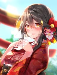 Rule 34 | 1girl, alternate costume, alternate hairstyle, black hair, blue sky, blurry, blurry background, brown eyes, cloud, commentary request, day, dutch angle, floral print, flower, hair flower, hair ornament, hairclip, haruna (kancolle), highres, japanese clothes, kantai collection, kimono, long hair, looking at viewer, outdoors, paper, red kimono, sky, smile, solo, torii, tsukui kachou, upper body