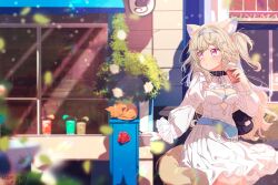 Rule 34 | 1girl, animal ears, artist name, asami-chan, bandaid, bandaid hair ornament, belt, belt collar, black collar, blonde hair, blue belt, blue hairband, blue nails, blurry, blurry background, breasts, cat, cleavage, collar, cup, dog ears, dog girl, dog tail, dress, fuwawa abyssgard, hair ornament, hairband, highres, holding, holding cup, hololive, hololive english, long hair, medium breasts, pink eyes, tail, two side up, virtual youtuber, white dress, window