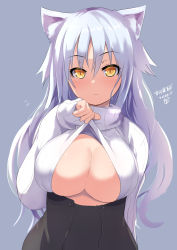 Rule 34 | 1girl, animal ears, arm behind back, blush, breasts, cat ears, cleavage, clothes lift, grey background, high-waist skirt, large breasts, long hair, no bra, original, ribbed sweater, silver hair, simple background, skirt, sleeves past wrists, slit pupils, solo, sweater, sweater lift, turtleneck, turtleneck sweater, upper body, w, white sweater, yellow eyes, yoshikawa hideaki