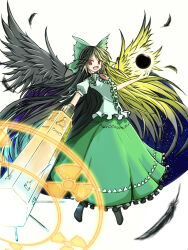Rule 34 | 1girl, arm cannon, bird wings, black hair, black sun, black wings, bow, cape, center frills, collared shirt, commentary request, control rod, feathers, flat chest, frilled shirt collar, frilled skirt, frills, full body, garakuta, green bow, green skirt, grey cape, hair bow, long hair, looking at viewer, open mouth, print cape, puffy short sleeves, puffy sleeves, radiation symbol, red eyes, reiuji utsuho, shirt, short sleeves, simple background, skirt, smile, solo, starry sky print, sun, third eye, touhou, very long hair, weapon, white background, white shirt, wings