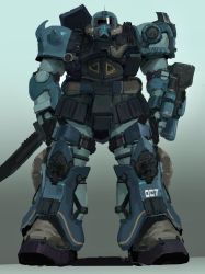 Rule 34 | arm cannon, gouf, gradient background, gun, gundam, highres, holding, holding gun, holding weapon, looking at viewer, mecha, mobile suit, mobile suit gundam, no humans, redesign, rintaro komori, robot, shoulder spikes, solo, spikes, standing, straight-on, weapon