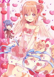 Rule 34 | 1girl, 2girls, absurdres, artist name, artist request, bare shoulders, blue ribbon, blush, bouquet, bow, breasts, brown eyes, brown hair, chibi, collarbone, cross-laced clothes, cross-laced dress, dress, dress bow, elbow gloves, female focus, flower, gloves, hair between eyes, hair flower, hair ornament, heart, highres, holding, holding bouquet, holding flower, jewelry, kunikida hanamaru, light brown hair, long hair, looking at viewer, love live!, love live! sunshine!!, matching hair/eyes, multiple girls, necklace, nekomeron, orange ribbon, parted lips, pearl necklace, pink flower, red flower, ribbon, ribbon-trimmed legwear, ribbon trim, skirt, small breasts, smile, tsushima yoshiko, wedding dress, white dress, white gloves, white skirt, white wings, wings, yellow bow, yellow eyes, yellow skirt