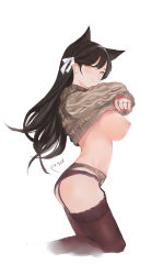 Rule 34 | 1girl, animal ears, ass, atago (azur lane), azur lane, breasts, brown hair, brown sweater, brown thighhighs, feet out of frame, from side, garter belt, highres, jewelry, large breasts, long hair, looking at viewer, nipples, ring, solo, sweater, thighhighs, undressing, wedding ring, yellow eyes, yueguang zhanglang