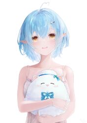 Rule 34 | 1girl, ahoge, bare arms, bare shoulders, blue hair, blush, bob cut, bracelet, camisole, character hair ornament, collarbone, colored tips, commentary request, crossed bangs, double-parted bangs, frilled camisole, frills, hair between eyes, hair ornament, hairclip, harusame meronn, heart, heart ahoge, highres, hololive, jewelry, looking at viewer, multicolored hair, official alternate costume, official alternate hair length, official alternate hairstyle, open mouth, pajamas, pointy ears, polka dot camisole, short hair, simple background, sleepwear, smile, spaghetti strap, straight-on, upper body, virtual youtuber, white background, white camisole, yellow eyes, yukihana lamy, yukihana lamy (loungewear), yukimin (yukihana lamy)