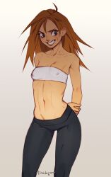 Rule 34 | 1girl, absurdres, arms behind back, artist name, bandeau, black pants, breasts, brown eyes, dide6an, grin, hand on own arm, highres, holding own arm, long hair, looking at viewer, navel, orange hair, original, pants, small breasts, smile, strapless, tube top