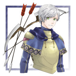 Rule 34 | 1boy, armor, arrow (projectile), ashe ubert, blue border, border, bow (weapon), capelet, commentary request, fire emblem, fire emblem: three houses, fire emblem warriors: three hopes, green eyes, highres, midori no baku, multicolored capelet, nintendo, short hair, signature, smile, teeth, upper body, weapon, white background, white hair