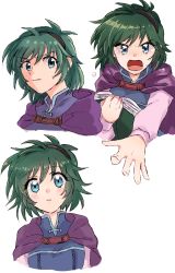Rule 34 | 1girl, blue eyes, cape, cropped torso, expressions, fire emblem, fire emblem: the blazing blade, gloves, green hair, hairband, highres, looking at viewer, multiple views, nino (fire emblem), nintendo, open mouth, portrait, short hair, simple background, v-shaped eyebrows, white background