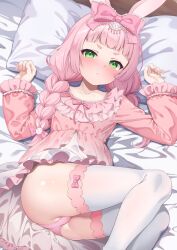Rule 34 | 1girl, animal ears, arms up, artist request, ass, bed, blush, bow, braid, green eyes, hair bow, highres, kemomimi refle!, legs, long hair, looking at viewer, lying, on back, panties, pillow, pink hair, pink panties, pink shirt, rabbit ears, rabbit girl, ribbon, shirt, skirt, solo, thighhighs, thighs, twin braids, underwear, uno sakura, virtual youtuber, white skirt, white thighhighs