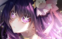 Rule 34 | 1girl, amatsuji, bloom, blurry, choker, chromatic aberration, close-up, commentary request, depth of field, eyelashes, eyes visible through hair, flying sweatdrops, hair between eyes, hair ornament, hair ribbon, highres, hoshino ai (oshi no ko), idol, light particles, lips, long hair, looking at viewer, oshi no ko, parted lips, partial commentary, pink ribbon, purple eyes, purple hair, rabbit hair ornament, ribbon, sidelighting, sidelocks, signature, solo, star-shaped pupils, star (symbol), star hair ornament, straight hair, sweat, swept bangs, symbol-shaped pupils, yellow choker