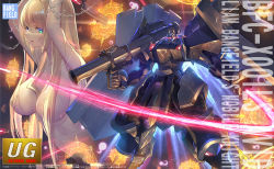 Rule 34 | 1girl, absurdres, april fools, bandai, box art, brand name imitation, breasts, chain, chained, cleavage, energy sword, fake box art, glowing, glowing eyes, gun, hair over breasts, highres, holding, holding gun, holding sword, holding weapon, large breasts, laser, looking up, mecha, novel illustration, nude, official art, ore wa seikan kokka no akutoku ryoushu!, red eyes, robot, science fiction, sword, takamine nadare, weapon