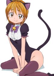 Rule 34 | 00s, 1girl, all fours, animal ears, bell, brown eyes, brown hair, cat ears, cat tail, fake animal ears, futari wa precure, looking at viewer, misumi nagisa, oimanji, precure, purple thighhighs, short hair, simple background, sitting, sketch, smile, solo, tail, thighhighs, wariza, white background