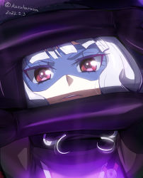 Rule 34 | 1girl, blunt bangs, commentary request, delicious party precure, gentlu (precure), gloves, haruyama kazunori, kasai amane, lips, looking at viewer, mask, precure, purple gloves, red eyes, solo, twitter username, upper body, white hair