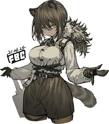 Rule 34 | 1girl, absurdres, animal ears, animal hands, arknights, artist name, black pantyhose, black shorts, breasts, brown hair, commentary, cowboy shot, cropped legs, cross tie, dated, fbc, highres, holding, holding knife, knife, large breasts, looking at viewer, pantyhose, pantyhose under shorts, ponytail, raccoon ears, raccoon girl, raccoon tail, robin (arknights), shirt, shorts, simple background, solo, tail, white background, white shirt, yellow eyes