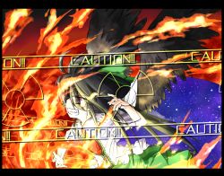 Rule 34 | 1girl, black hair, bow, cape, caution, female focus, fire, grin, hair bow, letterboxed, red eyes, reiuji utsuho, smile, solo, taker, taker (flamestorm), touhou, wings