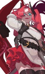 Rule 34 | 1girl, arknights, arm up, bbizim03, belt, black belt, black thighhighs, blue eyes, breasts, cleavage, eyelashes, fang, hair between eyes, hair over one eye, highres, horns, jacket, large breasts, long hair, looking at viewer, off shoulder, open mouth, red hair, red skirt, shirt, simple background, skirt, solo, tail, thighhighs, toddifons (arknights), twintails, white background
