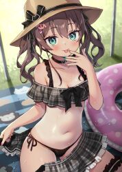 Rule 34 | 1girl, :p, absurdres, alternate costume, aqua eyes, ayaoshiro, bikini, black bow, black choker, bow, breasts, brown hair, brown hat, choker, cleavage, collarbone, commentary request, grey skirt, hat, heart, heart choker, highres, hololive, looking at viewer, natsuiro matsuri, navel, off-shoulder bikini, off shoulder, paid reward available, plaid, plaid skirt, short hair, side-tie bikini bottom, skirt, small breasts, solo, stomach, sweat, swimsuit, tan, tanline, tongue, tongue out, virtual youtuber