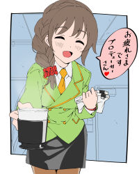 Rule 34 | 1girl, black skirt, blush, braid, brown hair, cup, dr. gero (staedtler 0508), formal, green jacket, grid background, hair ornament, hair over shoulder, hair scrunchie, highres, holding, holding cup, holding paper, idolmaster, idolmaster cinderella girls, idolmaster cinderella girls starlight stage, indoors, jacket, long hair, long sleeves, looking at viewer, necktie, office, open mouth, orange necktie, outside border, paper, paperclip, pencil skirt, reaching, reaching towards viewer, red scrunchie, scrunchie, senkawa chihiro, shirt, single braid, skirt, smile, solo, watch, white shirt, wristwatch
