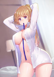 Rule 34 | 1girl, adjusting hair, arms behind head, arms up, blonde hair, blue eyes, blush, bottomless, breasts, buttons, closed mouth, commentary request, cowboy shot, gluteal fold, hair between eyes, hair tie, hair tie in mouth, indoors, kibanda gohan, lamp, large breasts, long hair, long sleeves, looking at viewer, mouth hold, naked shirt, navel, no bra, no panties, open clothes, open shirt, original, ponytail, shirt, sidelocks, solo, standing, tying hair, underboob, white shirt