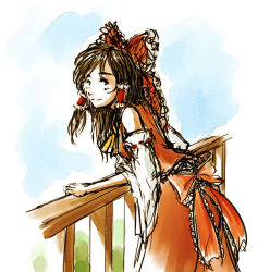 Rule 34 | 1girl, ascot, bow, brown hair, daro, detached sleeves, female focus, hair bow, hair tubes, hakurei reimu, japanese clothes, leaning forward, miko, nature, outdoors, plant, railing, sketch, sky, smile, solo, touhou