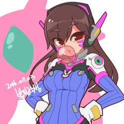 Rule 34 | 1girl, bongfill, breasts, brown eyes, brown hair, blowing bubbles, chewing gum, d.va (overwatch), dated, hands on own hips, highres, long hair, looking at viewer, medium breasts, overwatch, overwatch 1, parted lips, signature, solo, upper body