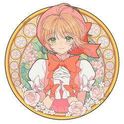 Rule 34 | 1girl, artist name, blush, bow, cardcaptor sakura, character name, child, commentary, flower, hands up, highres, kinomoto sakura, magical girl, outside border, own hands clasped, own hands together, pink flower, pink headwear, pink rose, puffy short sleeves, puffy sleeves, red bow, rose, round image, rutiwa, short sleeves, smile, solo, symbol-only commentary, white flower
