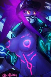 Rule 34 | 1girl, akali, baseball cap, breasts, hat, jacket, k/da (league of legends), k/da akali, large breasts, league of legends, long hair, makeup, mask, mouth mask, navel, nipples, open clothes, ponytail, purple hair, solo, ultraviolet light, yellow eyes