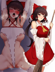 Rule 34 | 1girl, absurdres, areola slip, armpits, blush, bow legged, breasts, broom, brown hair, hair ribbon, hakurei reimu, highres, japanese clothes, large breasts, looking at viewer, medium hair, miko, open mouth, ribbon, simple background, sinkai, smile, solo, steam, steaming body, touhou, wedgie