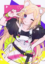 Rule 34 | 1girl, absurdres, aki rosenthal, aki rosenthal (gaming casual), animal ears, blonde hair, cat ears, hand on own hip, highres, hololive, kitazume kumie, long hair, one eye closed, paint on clothes, pink nails, purple eyes, smile, tongue, tongue out, v over eye, virtual youtuber, wristband