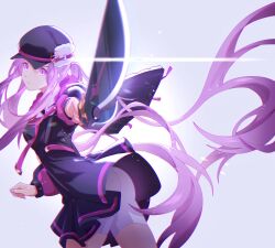 Rule 34 | 1girl, absurdres, black dress, black headwear, closed mouth, dhsauce, dress, fate/grand order, fate (series), floating hair, from side, frown, grey background, highres, holding, holding sword, holding weapon, long hair, long sleeves, medusa (fate), medusa (saber) (fate), pink eyes, pink hair, short dress, shorts, shorts under dress, solo, sword, very long hair, weapon, white shorts