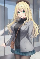 Rule 34 | 1girl, absurdres, alternate costume, atago (kancolle), bag, beret, black pantyhose, black sweater, blonde hair, blush, breasts, brown hat, coat, commission, cowboy shot, fingernails, green eyes, green skirt, grey coat, hat, highres, kantai collection, large breasts, long hair, long sleeves, looking at viewer, monoku, open clothes, open coat, open mouth, pantyhose, pleated skirt, ribbed sweater, shoulder bag, skeb commission, skirt, smile, solo, sweater, turtleneck, turtleneck sweater