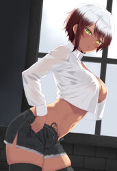 Rule 34 | 1girl, arched bangs, black thighhighs, breasts, brown hair, character request, cleavage, closed mouth, collared shirt, commission, copyright request, covered erect nipples, cowboy shot, cropped shirt, curio (curiofinity), cutoffs, dark skin, from side, frown, highres, indie virtual youtuber, large breasts, large pectorals, leaning forward, looking at viewer, midriff, mouth hold, navel, no bra, open clothes, open fly, open shirt, pectorals, pubic tattoo, savii (vtuber), shirt, short hair, short shorts, shorts, skeb commission, swept bangs, tattoo, thighhighs, virtual youtuber, white shirt, yellow eyes