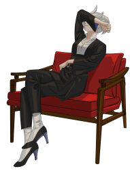 Rule 34 | 1girl, absurdres, arm up, black footwear, black jacket, black pants, bracelet, breasts, chair, closed mouth, collared shirt, commentary request, covering own eyes, crossed legs, formal, full body, grey hair, gundam, gundam suisei no majo, hair up, high heels, highres, jacket, jewelry, korean commentary, long sleeves, medium breasts, miorine rembran, official alternate costume, official alternate hairstyle, on chair, pants, shirt, shoes, short hair, simple background, sitting, snapagi, socks, solo, suit, swept bangs, white background, white shirt, white socks