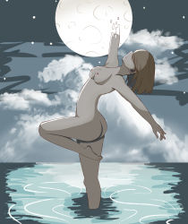 Rule 34 | 1girl, absurdres, ass, ballet, breasts, brown hair, cloud, cloudy sky, commentary, completely nude, dancing, disintegration, english commentary, highres, itsuwami, medium breasts, medium hair, moon, night, night sky, nipples, nude, ocean, original, sky, solo, standing, standing on one leg, star (sky), wading