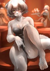 Rule 34 | 3girls, absurdres, adjusting clothes, adjusting leotard, animal ears, black leotard, blurry, blurry background, blush, bob cut, cat ears, cat tail, feet, female focus, fishnets, furry, furry female, grey hair, highres, leotard, looking at viewer, multiple girls, no humans, on table, orange eyes, original, parted lips, sitting, smile, smirk, strapless, strapless leotard, suima (sleepiness18), table, tail, thighs, toes, uneven eyes, waitress